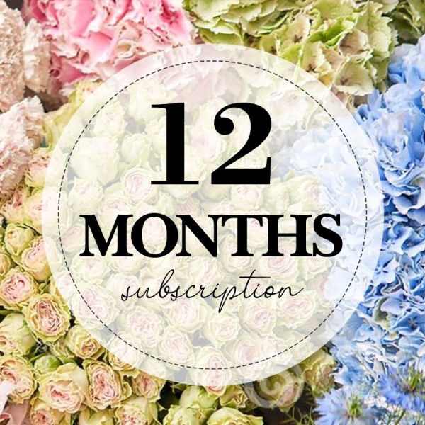 Colorful flower collage with a "12 months subscription" label