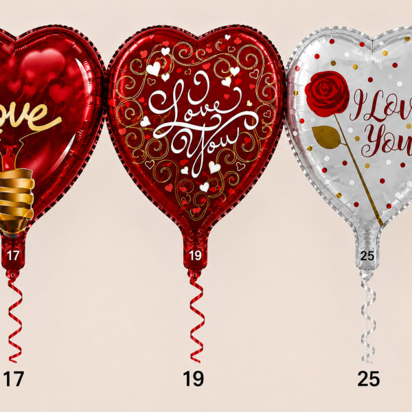 Three heart-shaped foil balloons with love messages and curled ribbons
