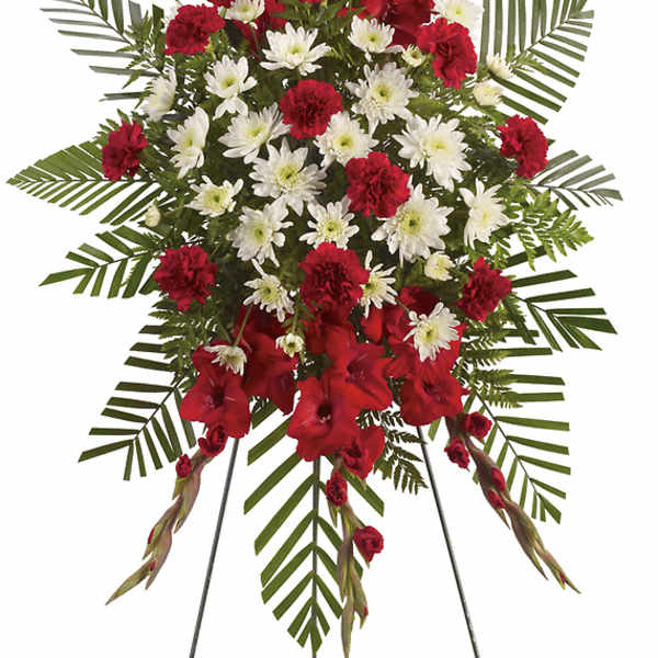 Standing red and white floral spray on an easel