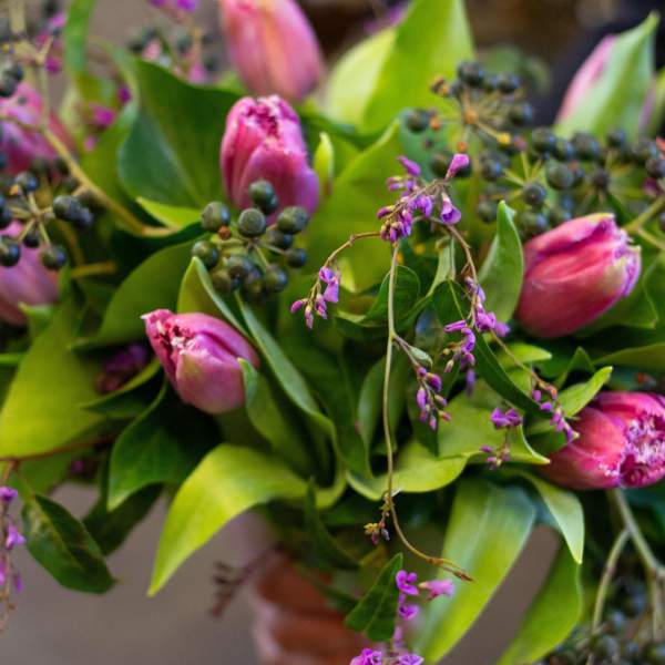 Pink tulips with purple accents and green foliage in a bouquet