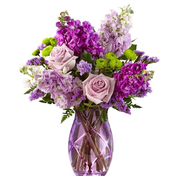 Purple and lavender bouquet with roses in a purple glass vase