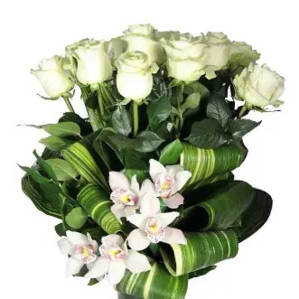 White roses and orchids in a wrapped green bouquet
