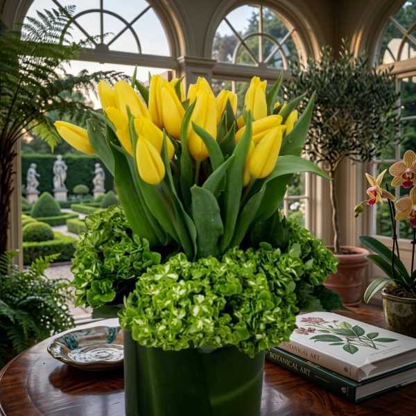 Yellow tulips arranged in a green vase with green hydrangeas