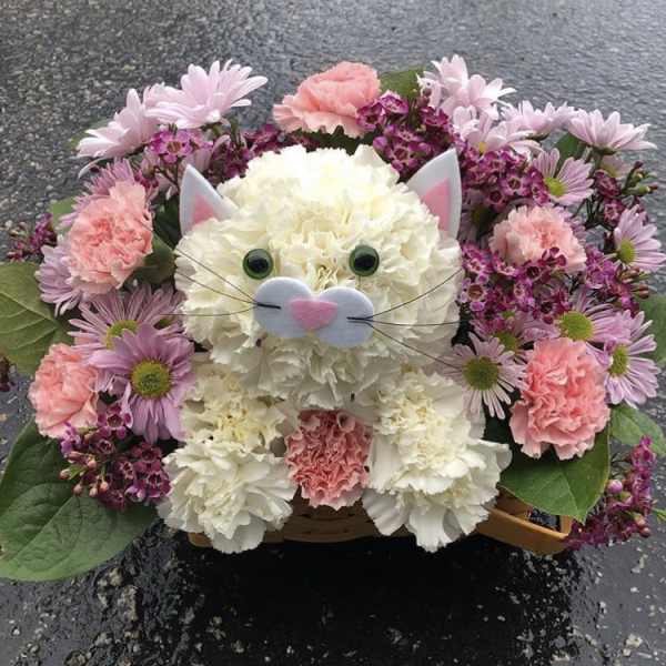 Cat-shaped flower arrangement with pink and white blooms