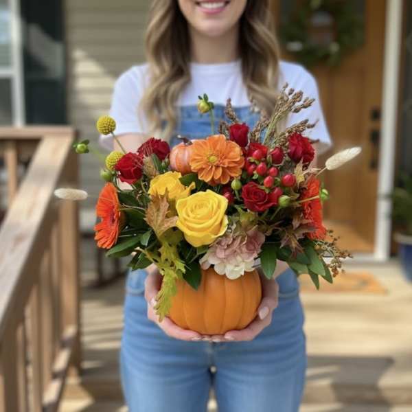 Pumpkin vase arrangement with roses, dahlias, and autumn accents