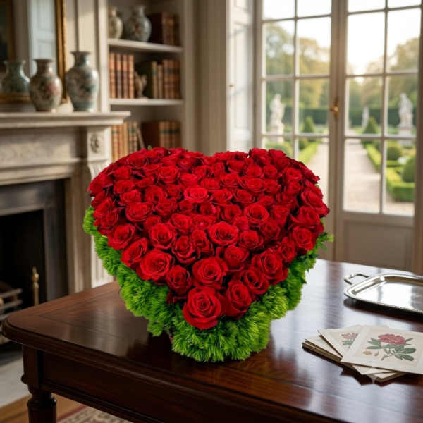 Heart-shaped arrangement of red roses with green edging on a table