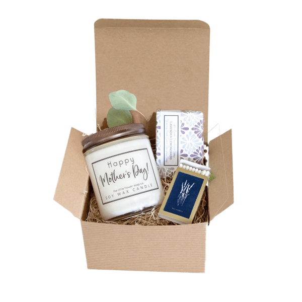 Mother's Day gift box with a candle, soap, and matches