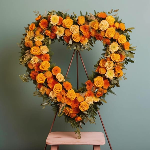 Heart-shaped floral wreath with orange and yellow blooms on a stand