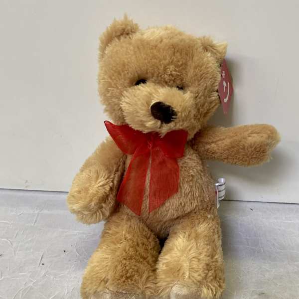 Tan teddy bear with a red ribbon bow
