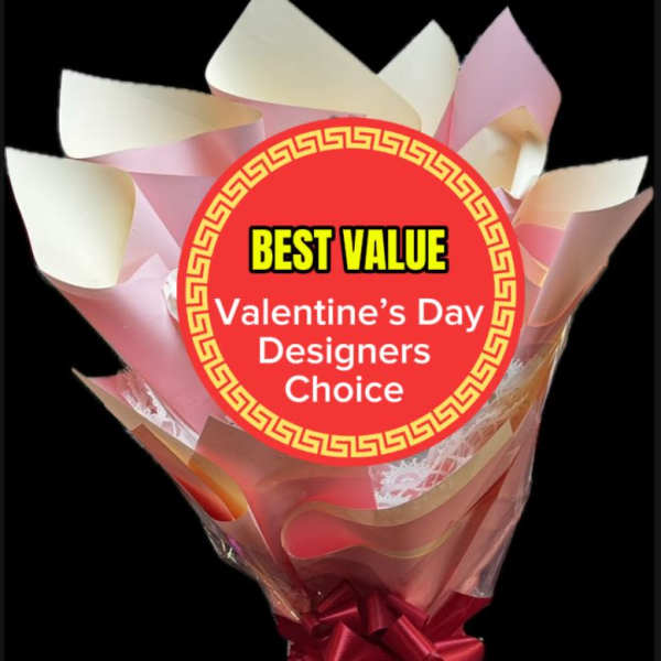 Wrapped bouquet with a Valentine’s Day label and red ribbon