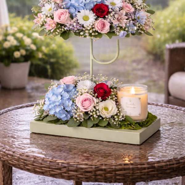 Flower arrangement under a pink umbrella with a candle on a tray