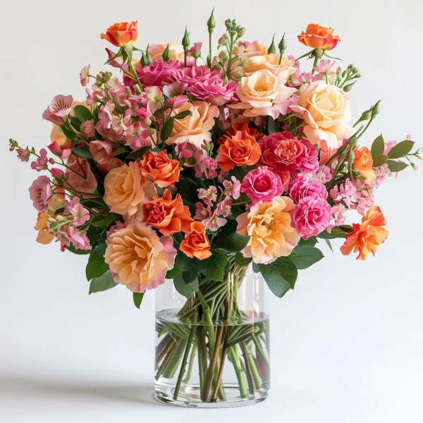 Mixed pink, peach, and orange roses in a clear glass vase
