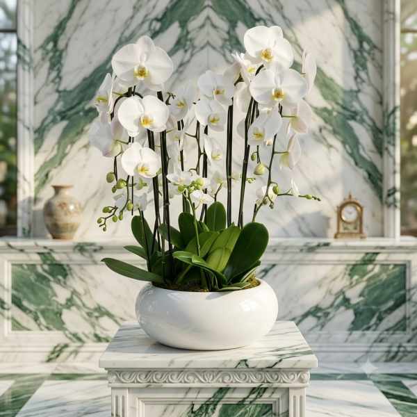 White orchids in a round white planter on a marble pedestal