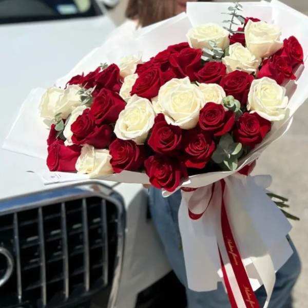 Bouquet of red and white roses wrapped in white paper