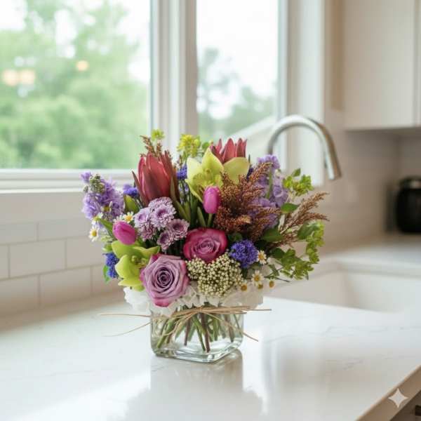 Mixed bouquet of pink, purple, and green flowers in a glass vase