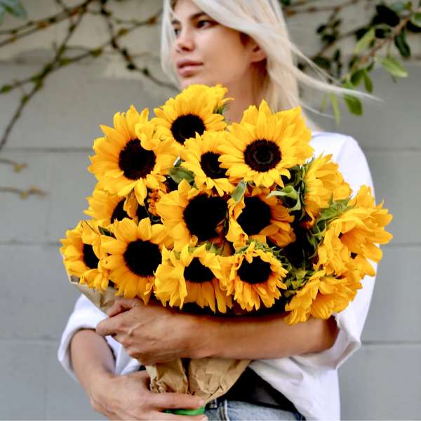 Woman holding a large bouquet of sunflowers