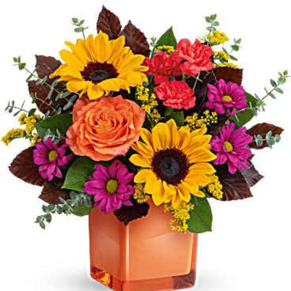 Bright mixed arrangement with sunflowers, orange rose, pink carnations and purple mums in an orange cube vase