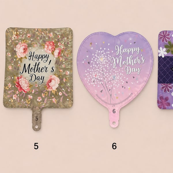 Three Mother's Day foil balloons in floral patterns and pastel colors