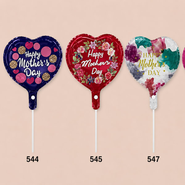 Four heart-shaped Mother's Day balloons on sticks in blue, red, white, and pink