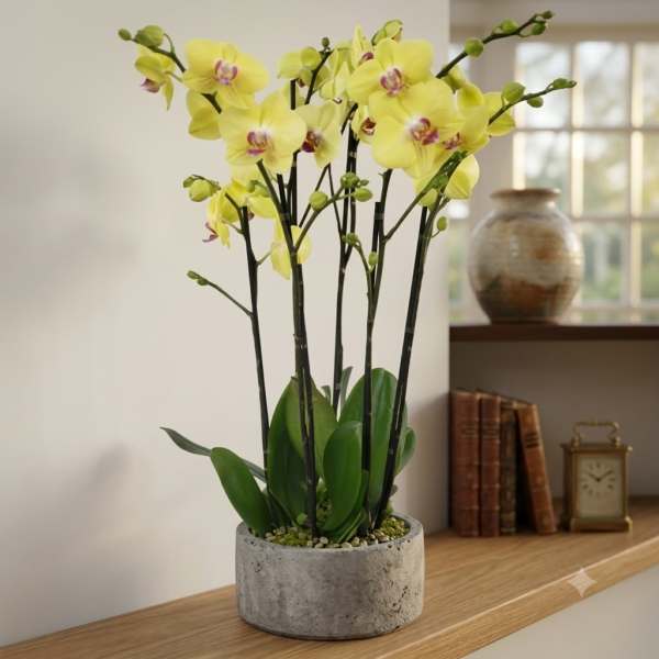 Yellow orchids in a gray concrete pot on a wooden shelf