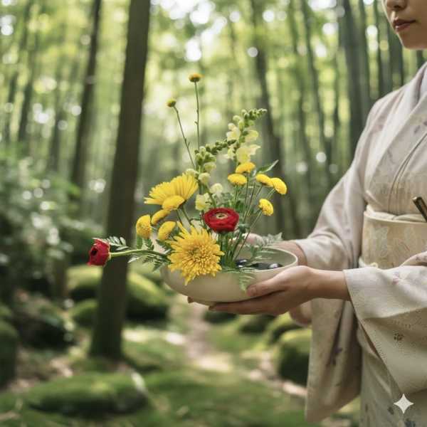 Person holding a shallow bowl of yellow and red flowers