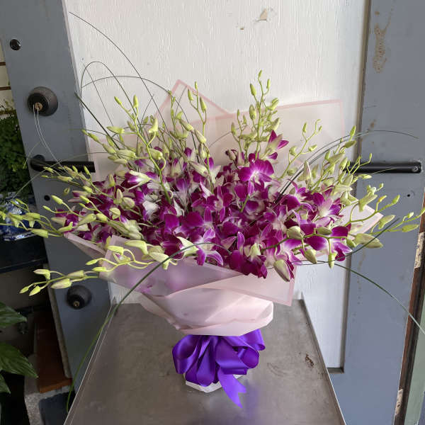 Bouquet of purple and white orchids wrapped in pink paper with a purple ribbon