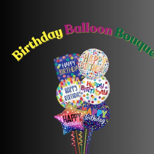 Cluster of birthday balloons with colorful "Happy Birthday" designs