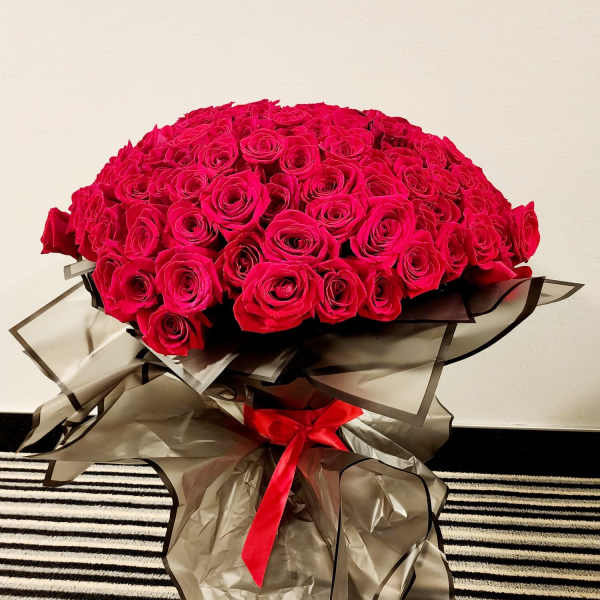 Large bouquet of hot pink roses wrapped in dark translucent paper with a red ribbon