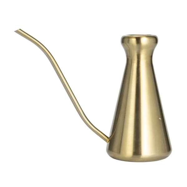 Gold metal watering can with a long curved spout