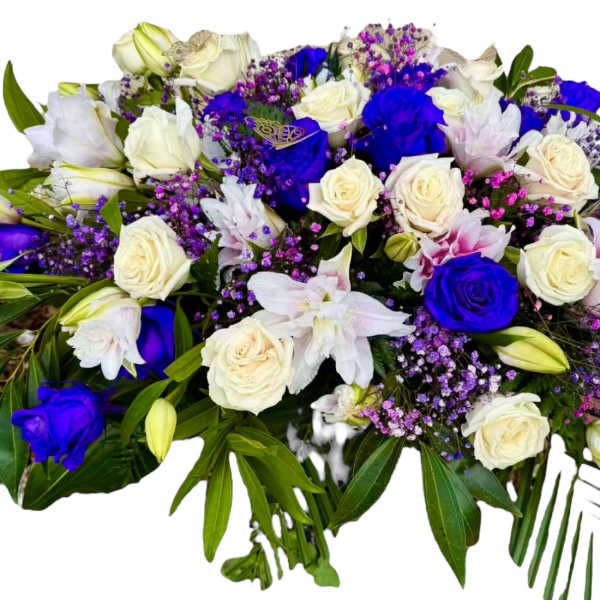 Bouquet of white and vivid blue roses with purple filler flowers
