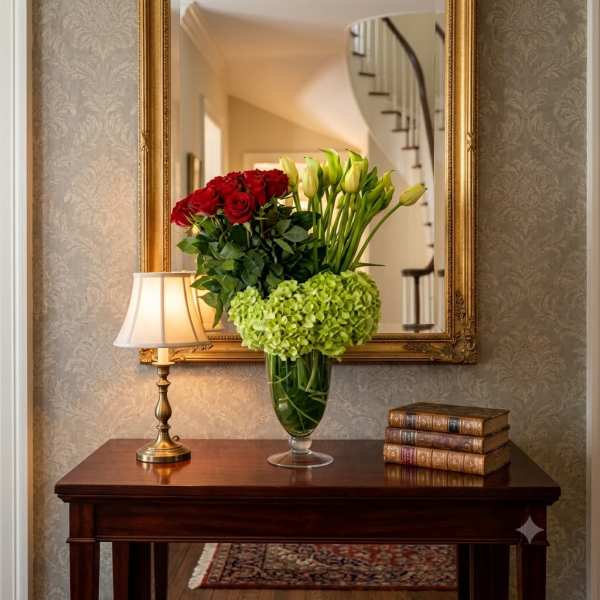 Red roses and green hydrangeas in a glass vase on a table