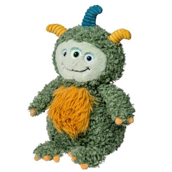 Plush green monster toy with three eyes and yellow horns