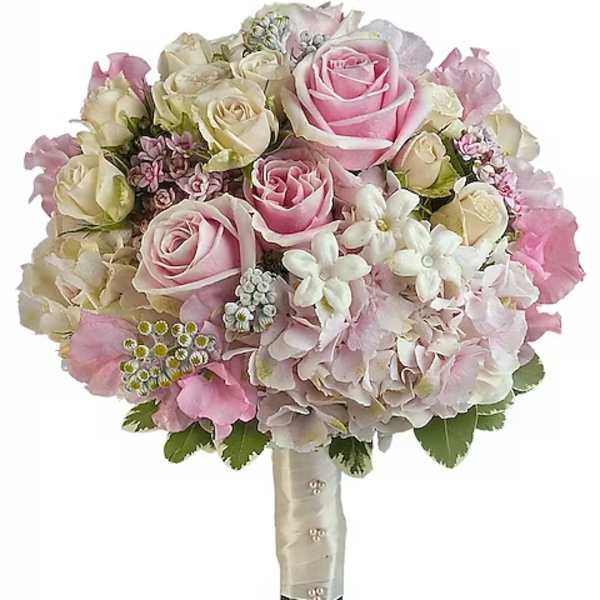 Pink and white rose bouquet with hydrangeas and small white flowers