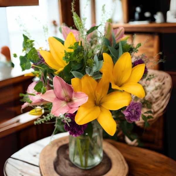 Yellow and pink lilies with purple flowers arranged in a clear glass vase on a wooden slice.