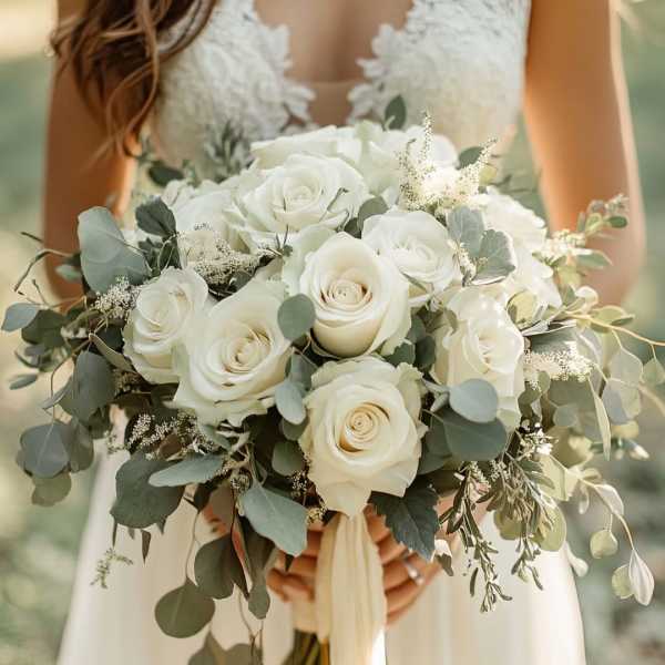 Bride holding a bouquet of white roses and eucalyptus