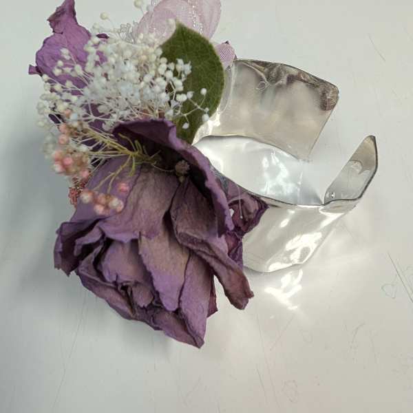 Lavender dried rose silver cuff corsage