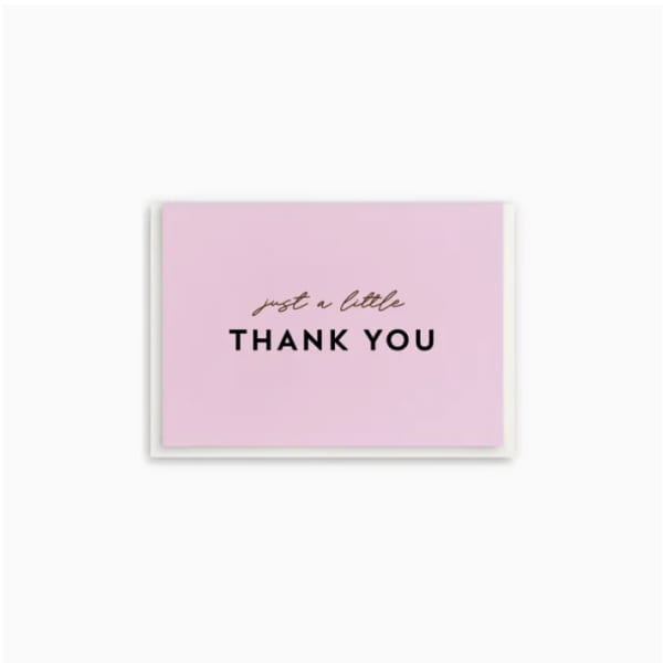 Pink thank-you card with black text