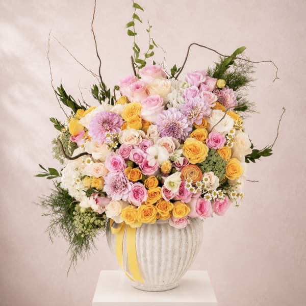 Large pastel bouquet of roses and dahlias in a ribbed vase