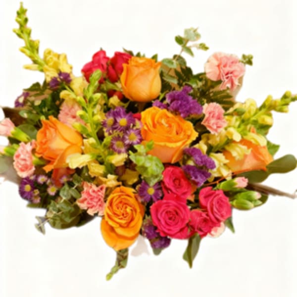 Mixed bouquet of orange, pink, and purple flowers