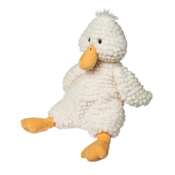 Plush white duck toy with orange beak and feet