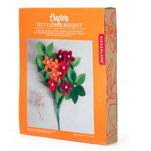 Boxed felt flower bouquet kit with red, orange, and green flowers