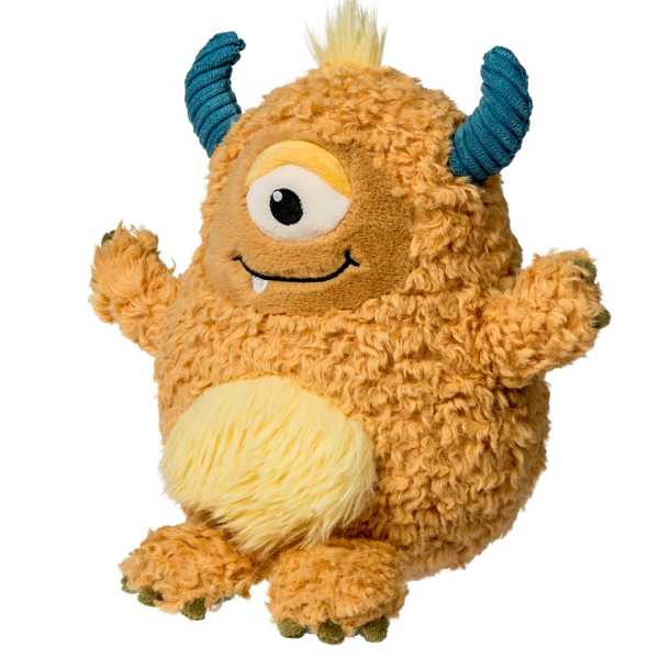 Plush one-eyed monster toy with blue horns and a fuzzy tan body