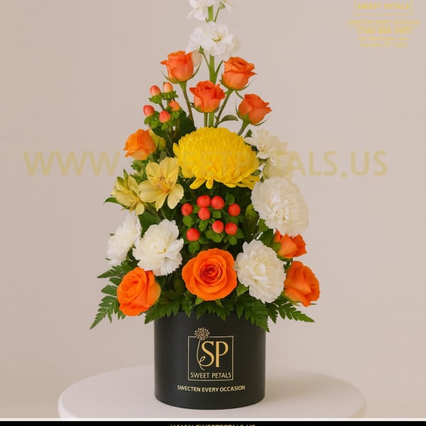 Tall floral arrangement with orange roses, white blooms, and yellow chrysanthemum in a black box