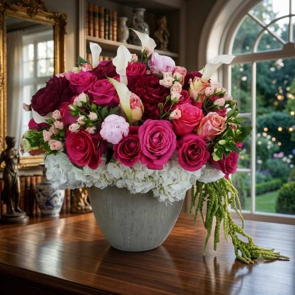 Pink and white floral arrangement in a gray vase