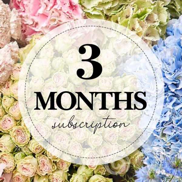 Floral subscription graphic over pastel roses and hydrangeas