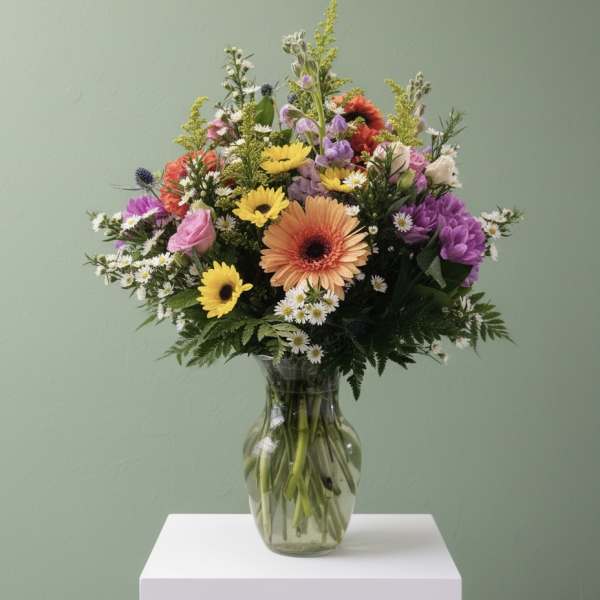 Mixed bouquet of colorful flowers in a clear glass vase
