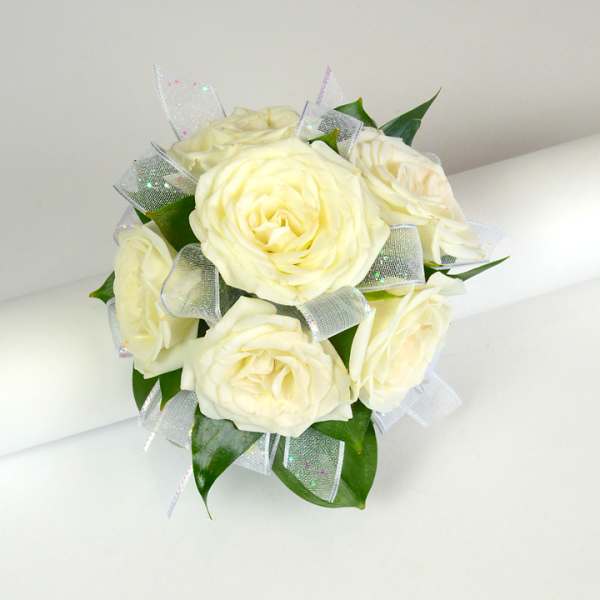 White rose bouquet with silver ribbon accents