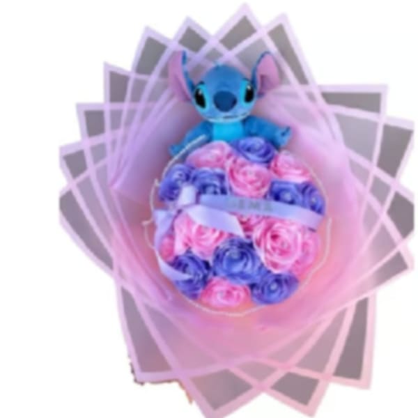 Bouquet with a blue Stitch plush and pink and purple roses