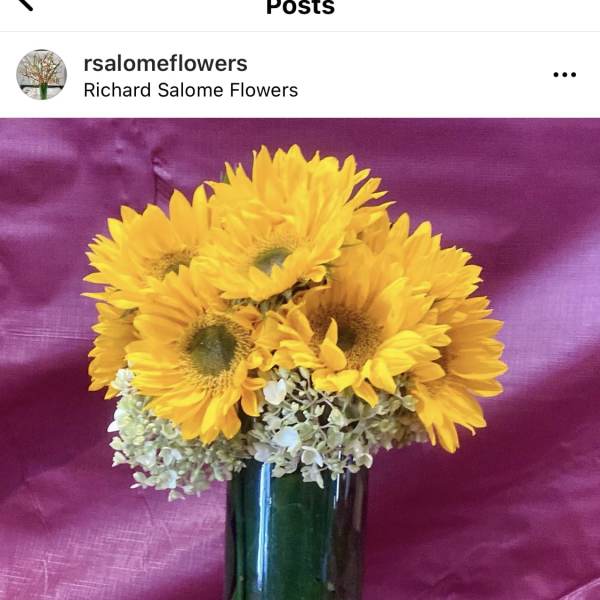Tall glass vase of bright yellow sunflowers with white hydrangeas and leaves wrapped inside the vase.
