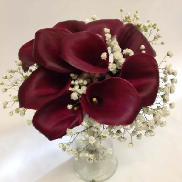 Deep burgundy calla lilies in a clear glass vase with white baby's breath